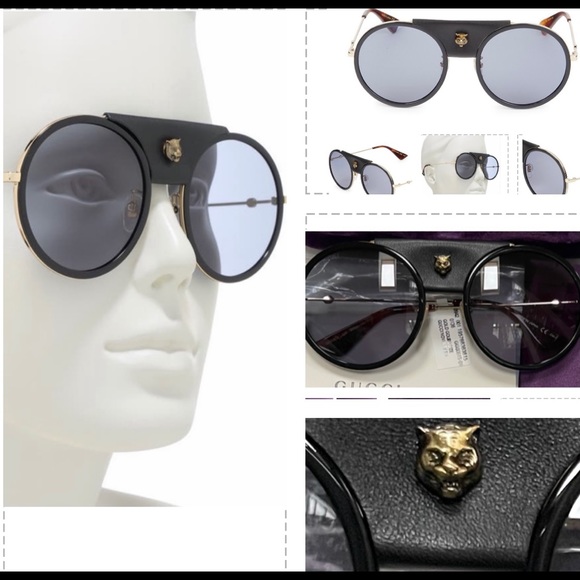 GUCCI UNISEX ROUND SUNGLASSES WITH DETACHABLE BLACK LEATHER & LOGO TIGER HEAD - Picture 10 of 16